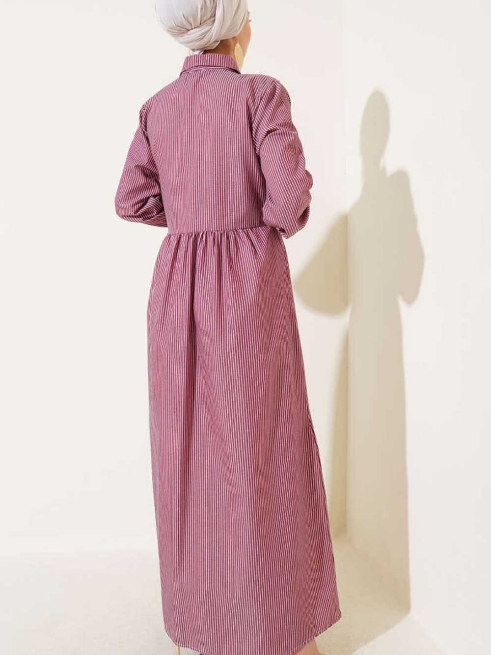 Modest Striped Wrap-Tie Maxi Shirt Dress – Burgundy - Picture 4 of 5